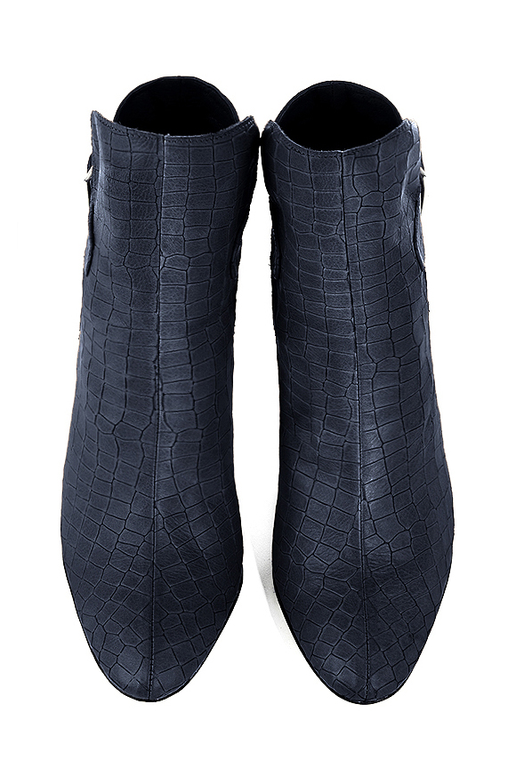 Navy blue women's ankle boots with buckles at the back. Round toe. High kitten heels. Top view - Florence KOOIJMAN
